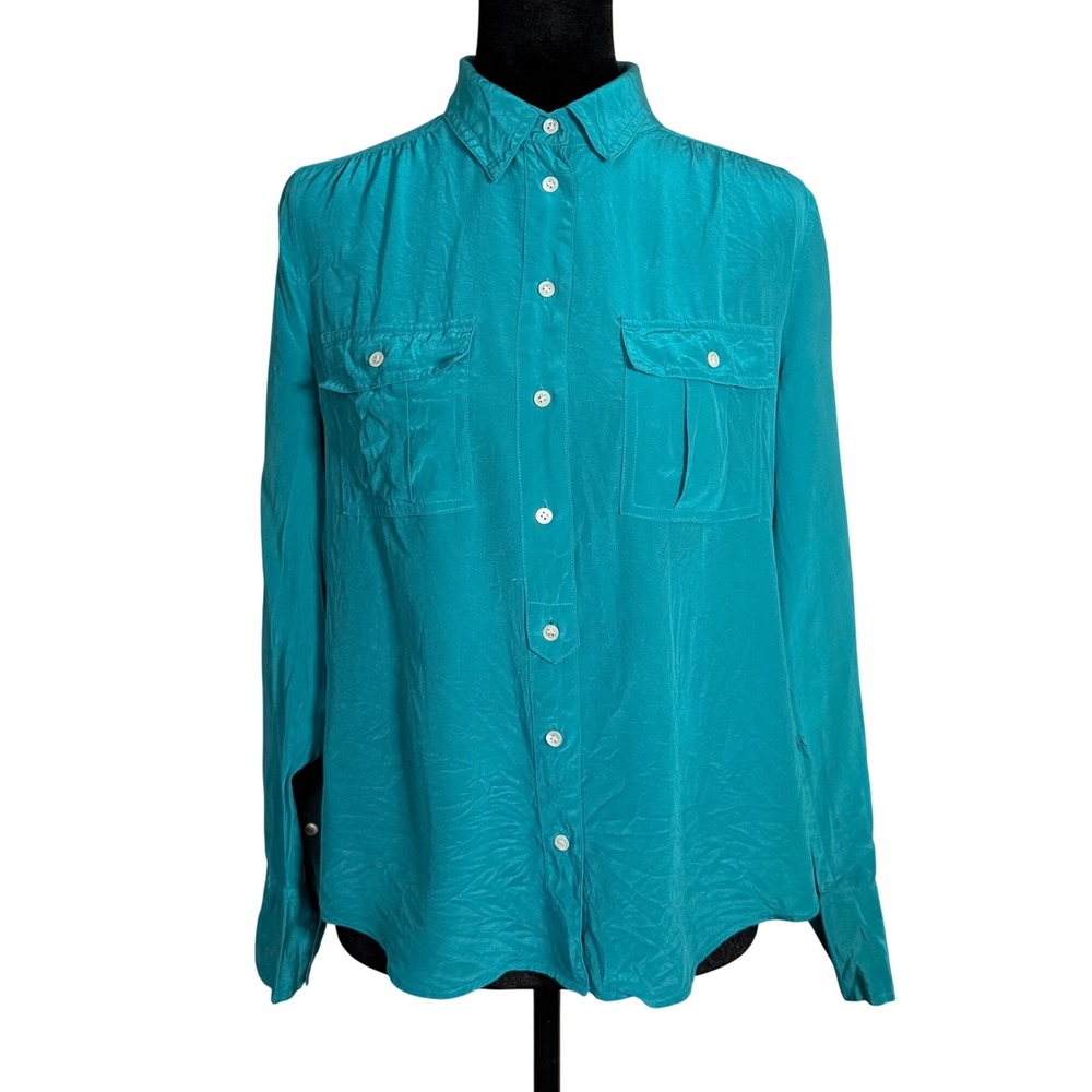J Crew Blythe Blouse Women 6 Turquoise 100% Silk Button Down Shirt 37871